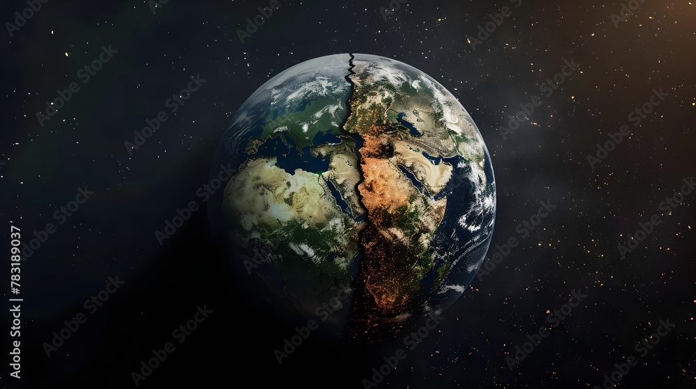 Fototapeta premium Contrasting Halves of Earth Illustrating Climate Change Impacts