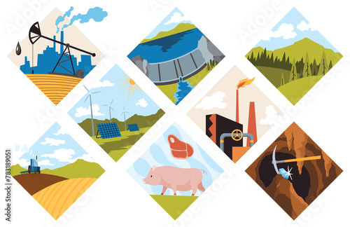 Collection of natural resources design.  illustration of types national treasure oil, gas, damond, ground, coal and sand, wood, pet animal, water, alternative technology photo