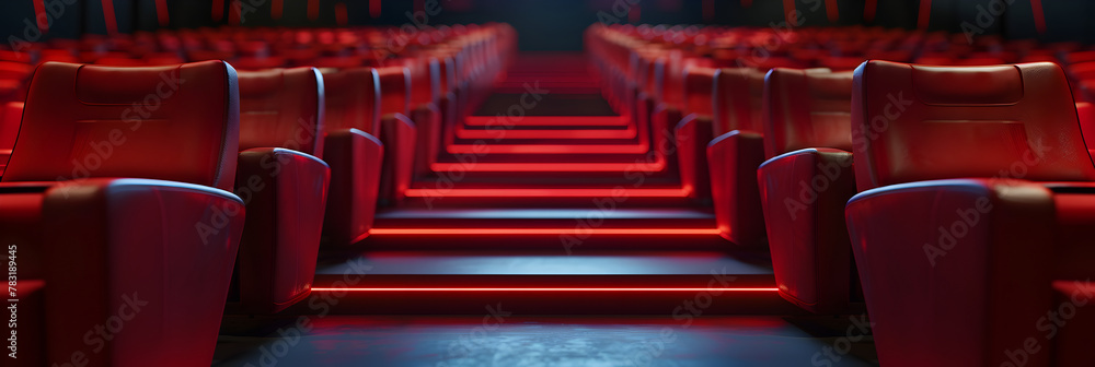 Empty movie theatre,Rows of red velvet seats watching movies in the cinema with copy space banner background Entertainment and Theater concept 3D illustration rendering.
 - obrazy, fototapety, plakaty 