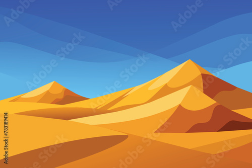 Big 3d realistic background of sand dunes. Desert landscape with blue sky vector design