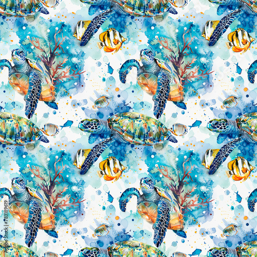 Under water sea seamless pattern with sea turtles and fishes. Perfect for fabric  cover  wallpaper. 