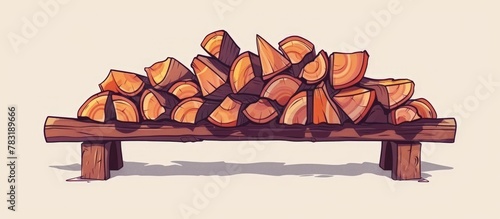 Logs neatly stacked on a rustic wooden bench, ready for use or storage