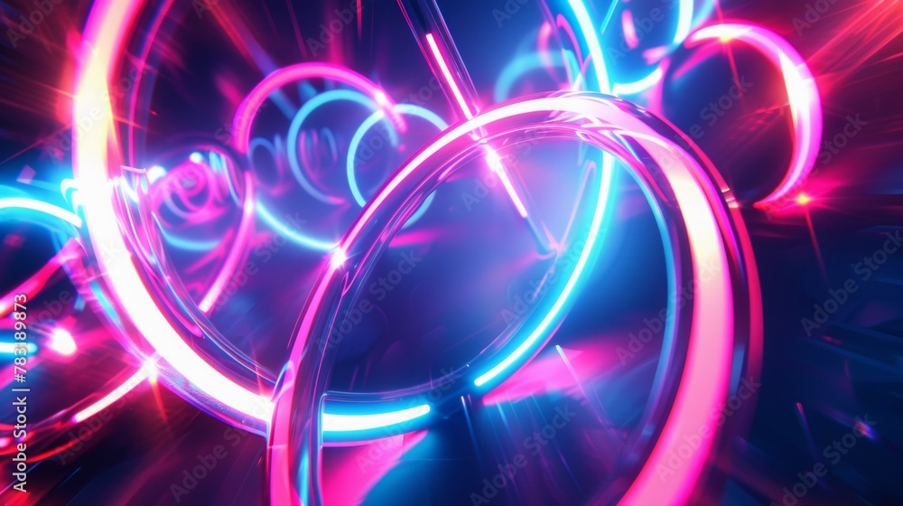 Abstract design pulsates with neon glowing light effects, casting an entrancing glow in the darkness, captivating the eye with its vibrant energy. Glass circles neon glowing light effects Abstract design pulsates with neon glowing light effects, casting an entrancing glow in the darkness, captivating the eye with its vibrant energy. Glass circles neon glowing light effects