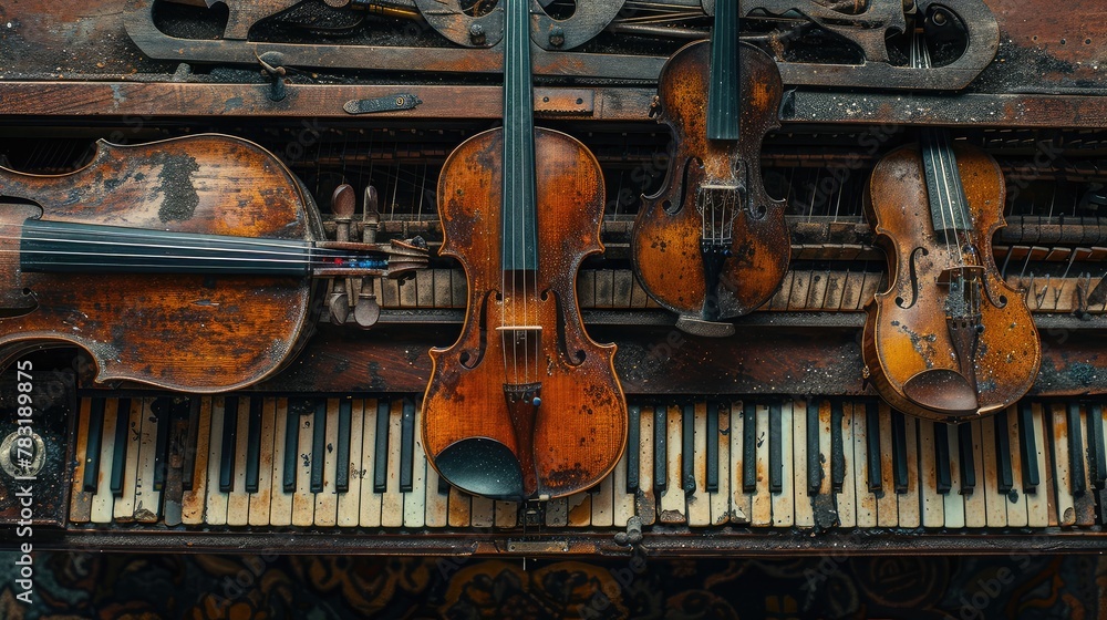 Naklejka premium banner background National Cherish An Antique Day theme, and wide copy space, Abstract representation of antique musical instruments intertwining in a harmonious melody of shapes and line