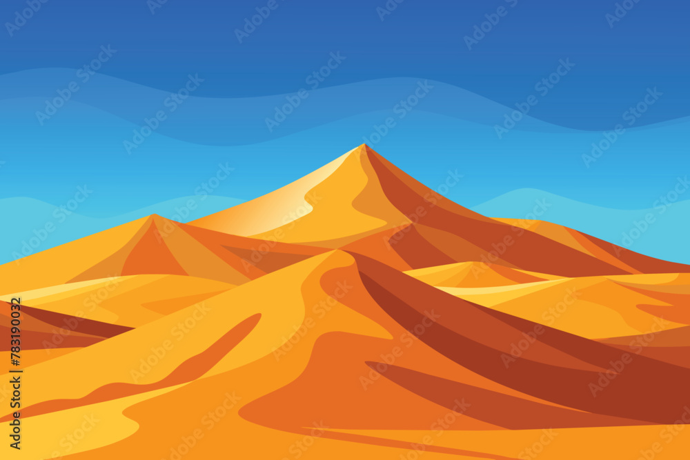 Big 3d realistic background of sand dunes. Desert landscape with blue sky vector design