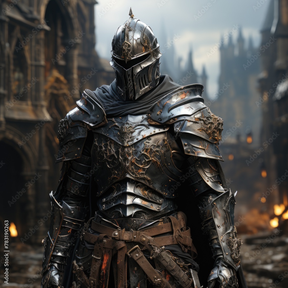 Knight in armor. Medieval warrior in metal armor, helmet and sword. Knight in rich steel armor. Realistic illustration of a warrior knight in a castle. Strong warrior. Knight in armor. Medieval warrior in metal armor, helmet and sword. Knight in rich steel armor. Realistic illustration of a warrior knight in a castle. Strong warrior.