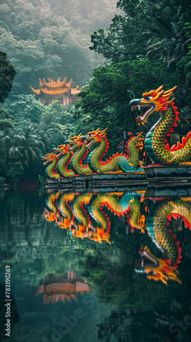 dragon boats with a temple in the background