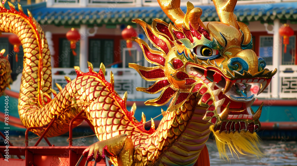 A large gold dragon with red scales and a blue mouth is on a boat