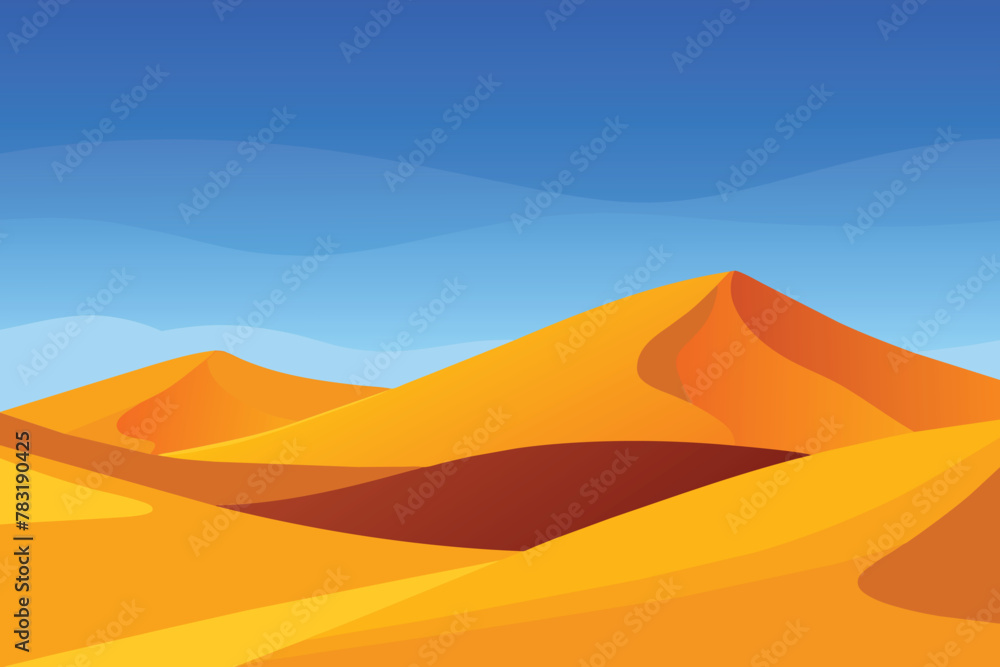 Big 3d realistic background of sand dunes. Desert landscape with blue sky vector design