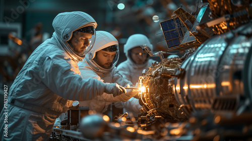 Team of Engineers Working on Satellite Construction. Aerospace Agency: Diverse Group of Scientists Developing Spacecraft for Space Exploration, Navigation, Wireless Communications, Cosmos Observation photo