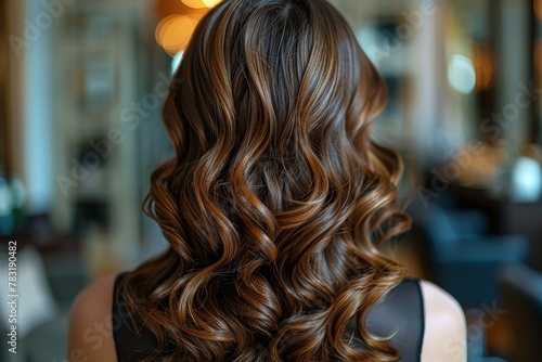 Captivating image of luscious brunette curls perfectly styled from the back view in a hair salon