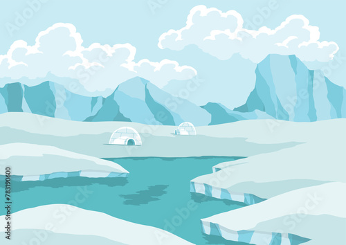 North pole arctic. White drifting and melting glacier in ocean, snow mountains iceberg polar winter season cartoon illustration