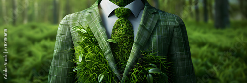 Green tree in suit hyper realistic ,Environmental friendly business with business suit made from green moss.