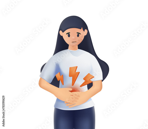 Abdomen pain concept. Woman Stomach Ache. 3D style vector design illustrations. Unhealthy diet and junk food, poisoning. Illness