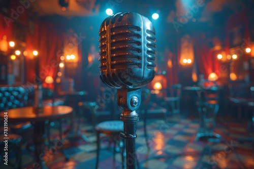 Classic vintage microphone front and center with a moody, bokeh-lit jazz club atmosphere and empty tables in the background