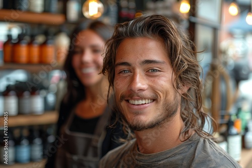 A cheerful young man with long hair and a confident smile poses in a cafe with a friendly female waitress in the background