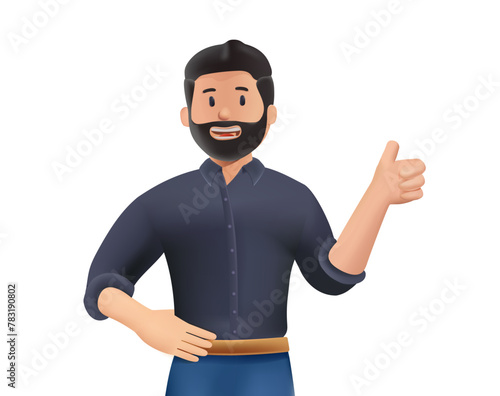 Smiling confident businessman tumbs up on white background. 3D style vector design illustrations. Smiling businessman. Leader success, management concept. 3d vector people character illustration