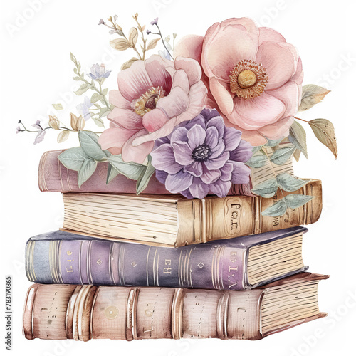 Watercolor stack of books and flowers on white background retro style