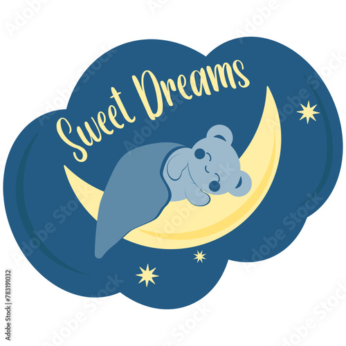Cute blue bear in kawaii style sleeps under a blanket on the moon. Minimalist card, sticker with sweet dreams inscription.