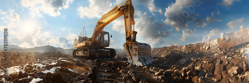 Extraction of natural stone in the mountains of the Urals,A yellow grader digs the ground at a construction site,Large yellow excavator working on the construction site moving earth.


 photo