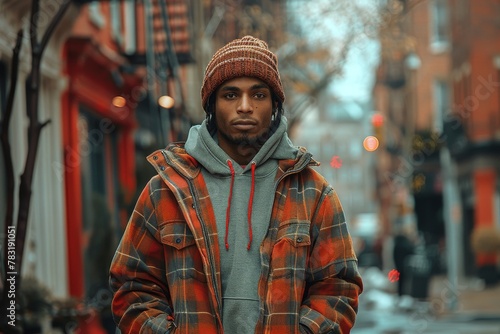 Confident man in a warm orange plaid jacket and beanie stands on an urban street, exuding a cool and stylish vibe