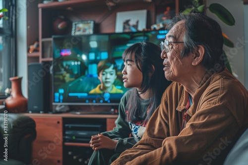 Senior Asian Man and Young Girl Enjoying Time Together Indoors Playing Video Games