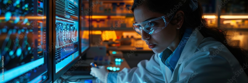 Young Female Scientist Analyzing Data on Computer Screens in Modern Lab at Night