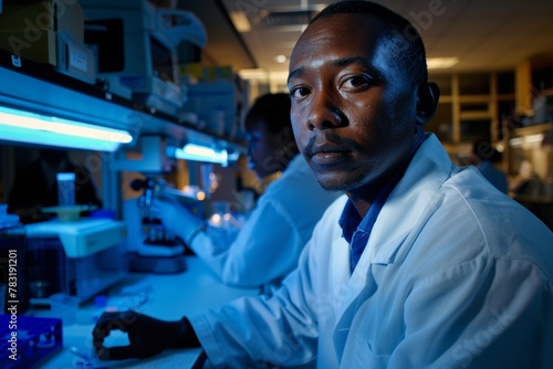 Focused African Male Scientist Working Late in Laboratory - Research  Innovation  Determination