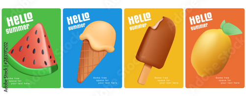 Summer 3D banners. Ice cream, watermelon and lemon. Set of vector illustrations. Abstract vector background patterns. Perfect background for posters, cover art, flyer, banner