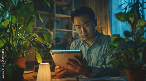 Asian Male in 30s Working Late Night on Tablet Among Indoor Plants