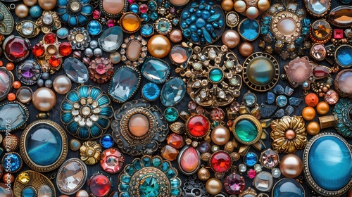 banner background National Cherish An Antique Day theme, and wide copy space, Digital collage of vintage jewelry pieces like brooches and lockets forming an intricate and sparkling mosaic photo