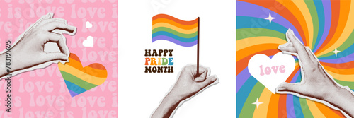 Set of trendy aesthetic square posters for Pride Month. halftone collage posters of Pride Month with LGBTQ Flag and heart in hands. Human rights and tolerance concept. Vintage vector illustration.