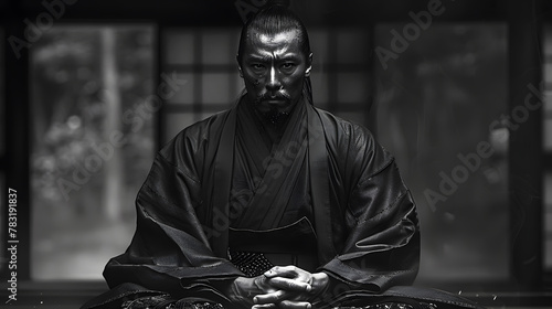 Monochrome Portrait of a Determined Samurai Warrior