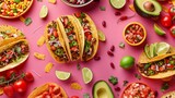 Colorful Mexican Taco Feast on Vibrant Background - Diverse Food Spread