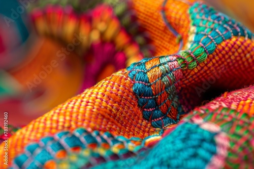 Vibrant Handwoven Textiles Close-up: Colorful Craftsmanship and Fabric Patterns