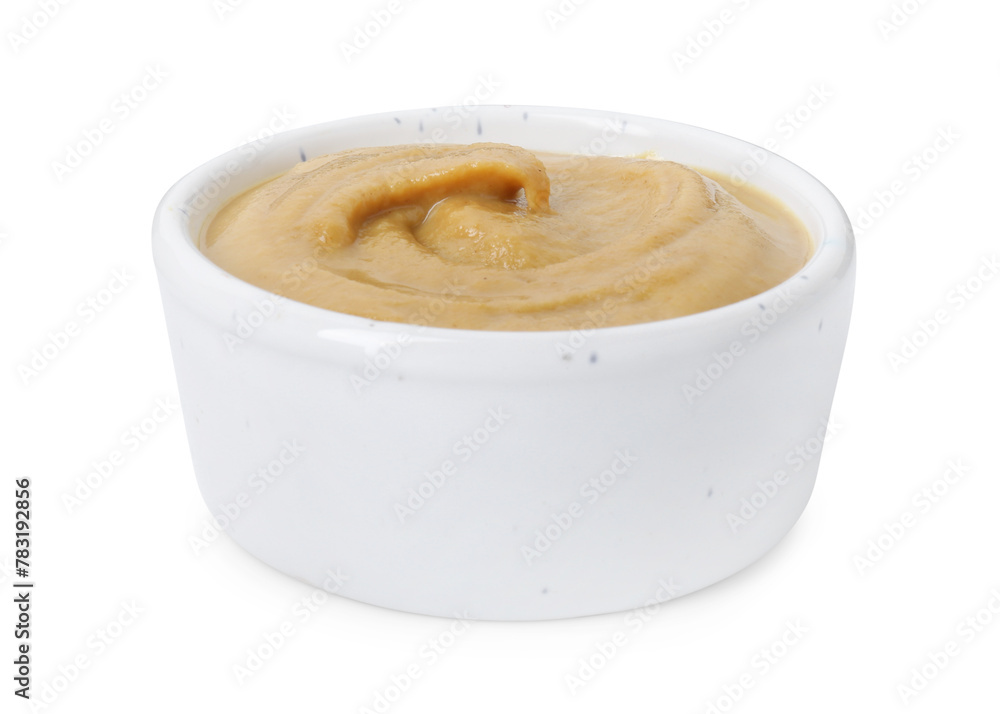 Fresh tasty mustard sauce in bowl isolated on white Fresh tasty mustard sauce in bowl isolated on white