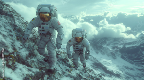 Two astronauts exploring an unknown planet climb up a mountain in cloudy weather.