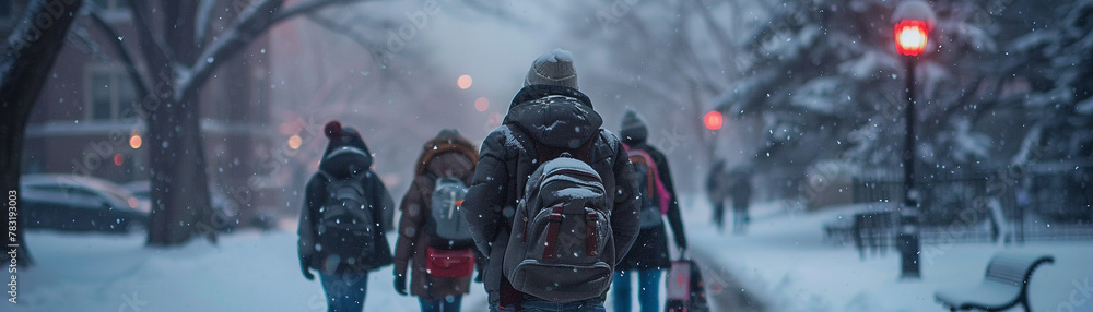 In the cold, dark morning, students wrapped in coats make their way to school through the snow - obrazy, fototapety, plakaty 