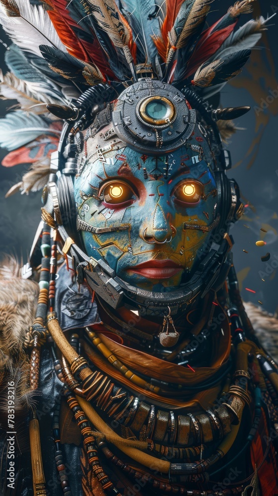 AI shaman with ancestral tech makeup, steel feather helmet, textured backdrop, vivid capture