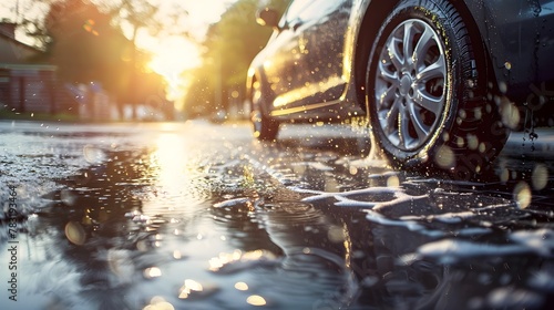 Freshly Washed Car Under Sunlight with Sparkling Water Droplets on the Surface