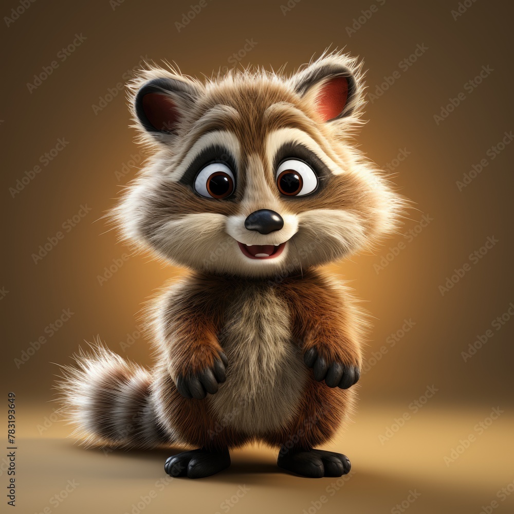 3d illustration of raccoon cartoon character for children. Cute friendly raccoon print for clothing, stationery, books, goods. Cheerful 3D raccoon toy character.