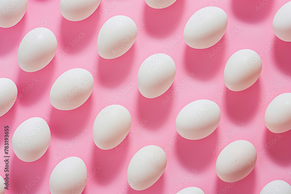 Row of white eggs on pink surface with pink background, Easter concept Row of white eggs on pink surface with pink background, Easter concept
