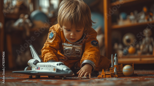 Little fair-haired boy plays with a toy space shuttle at home. photo