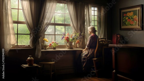 elderly lady sitting alone gazing out a window with vases of flowers beside her