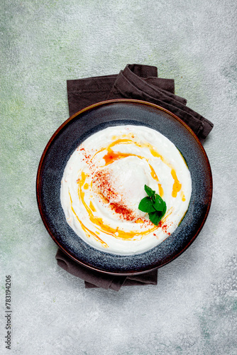 cilbir traditional Turkish breakfast, Turkish eggs with yogurt and butter, homemade, no people, photo