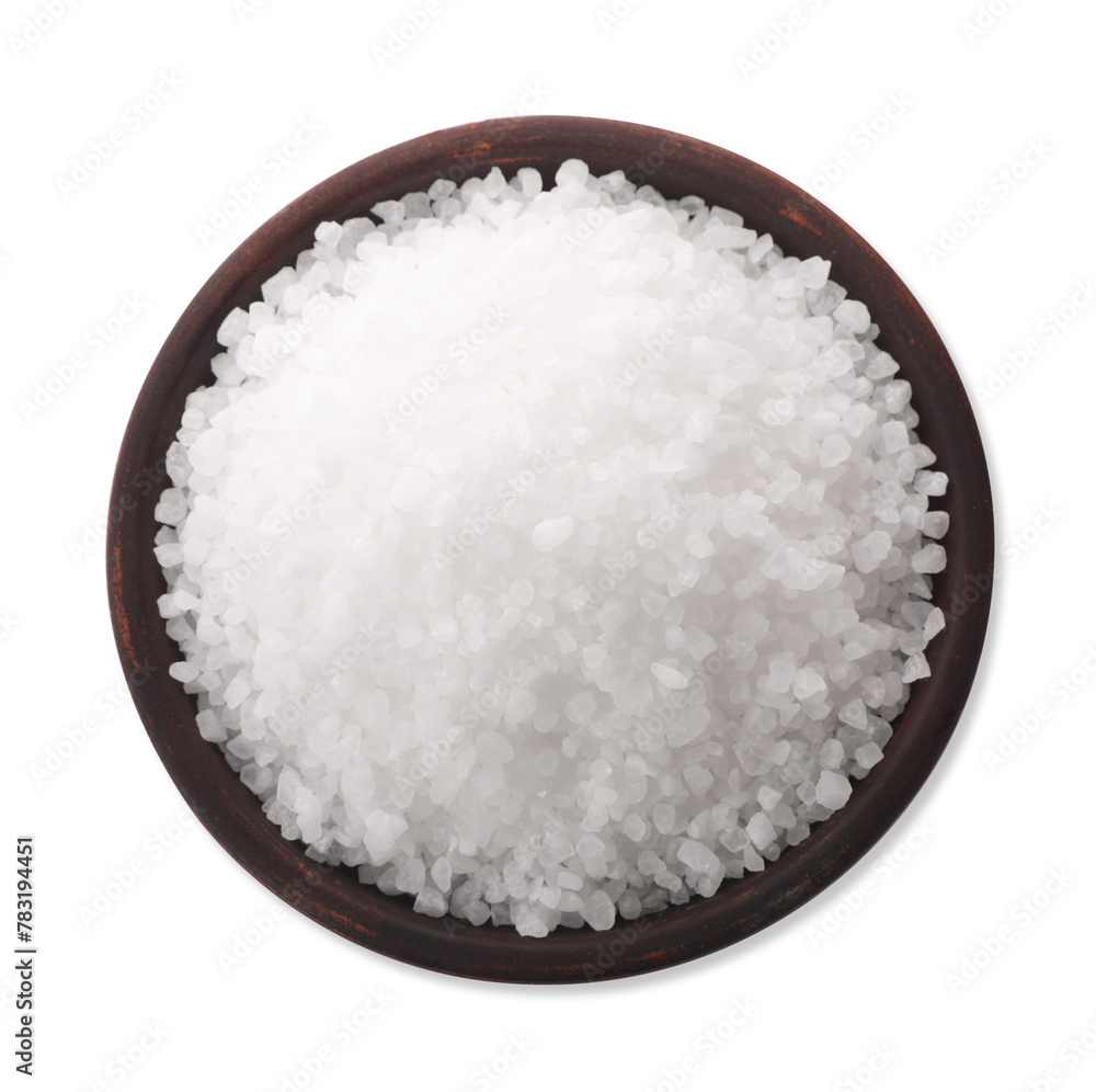 Natural salt in bowl isolated on white, top view Natural salt in bowl isolated on white, top view