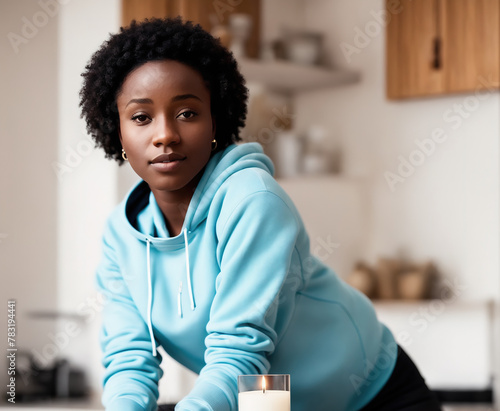 A young woman sitting at a kitchen counter, wearing a hoodie and drinking from a mug.