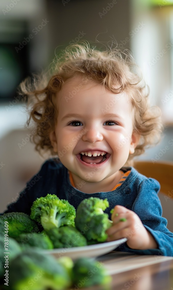 Little cheerful toddler child kid with healthy white teeth eating broccoli and green vegetables at home and happily smiling Little cheerful toddler child kid with healthy white teeth eating broccoli and green vegetables at home and happily smiling