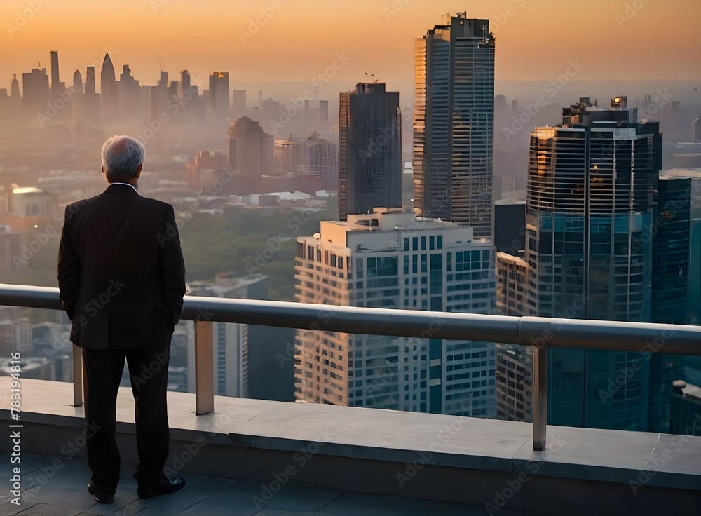 A back view of businessmen standing together on top of a building looking over a city, tall buildings in background, blurred, sunrise light, orange hues