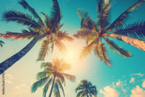 Coconut palm tree on tropical beach in summer - vintage colour effect. Beautiful simple AI generated image in 4K, unique.